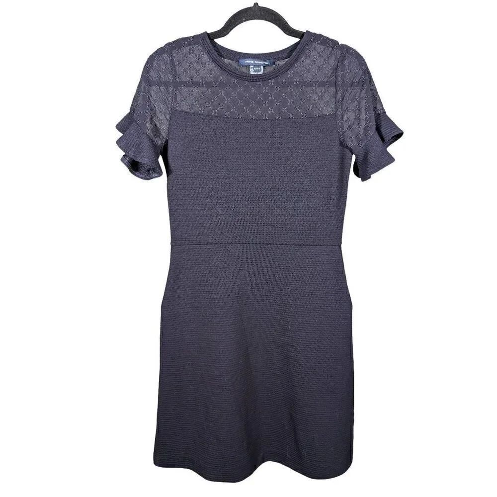 French Connection Dress Black Short Sleeve Roesia Ruffled Eyelet Yoke Women's 10